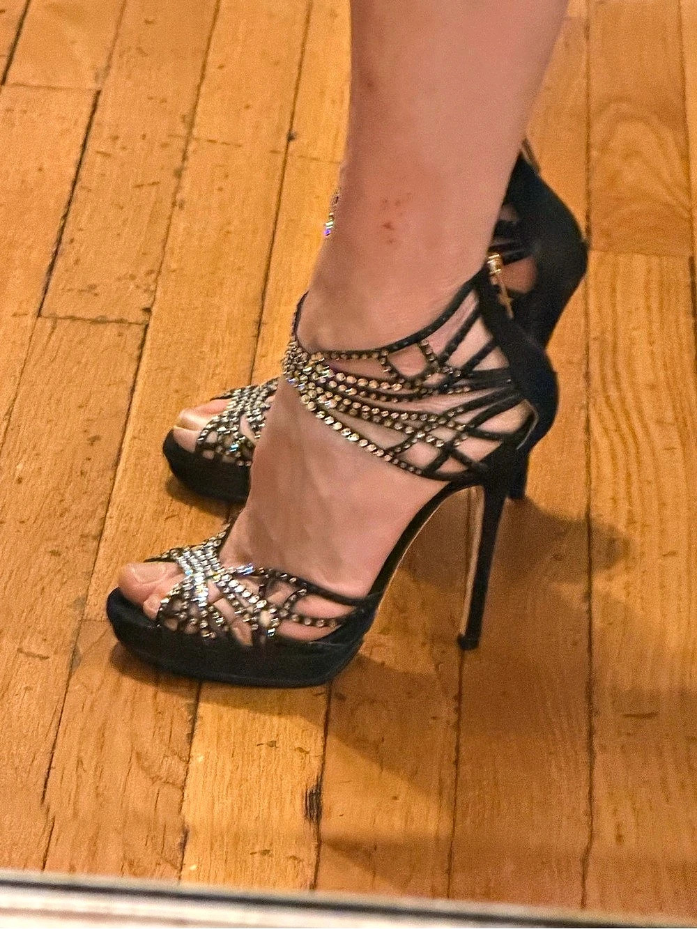 Embellished Ankle Strap Heels in Black Like New perfect for holiday season